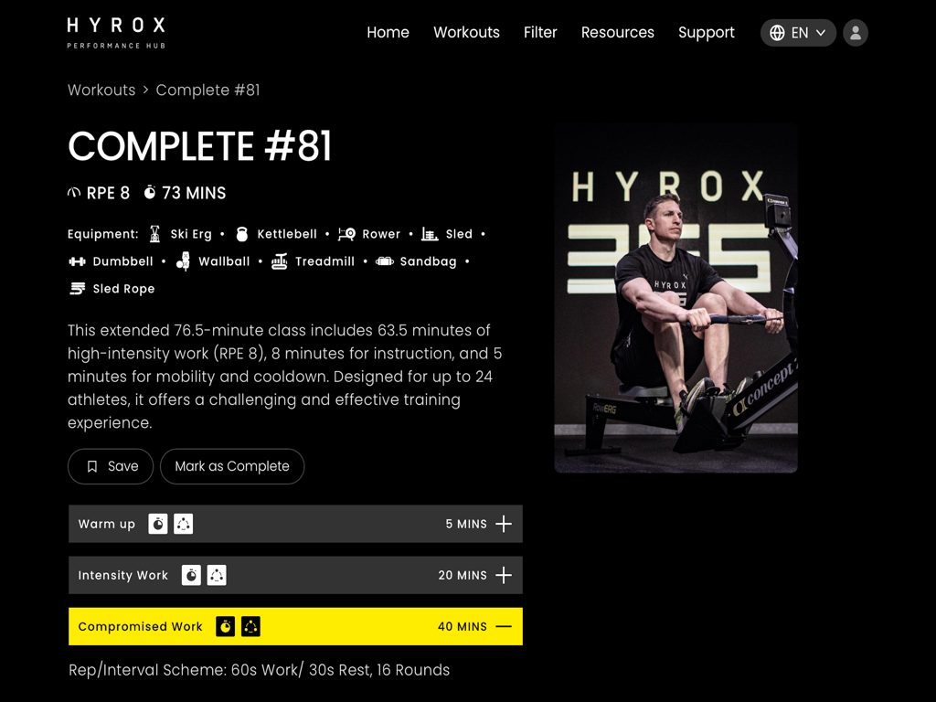 A detailed HYROX workout page showing training duration equipment list and broken down exercise segments for professional coaches.