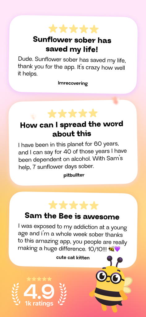 User reviews and 4.9 star rating for Sunflower sobriety app with Sam the Bee mascot