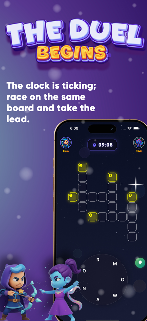 A mobile game screen showing a 1v1 word puzzle duel with a neon space theme and cartoon characters