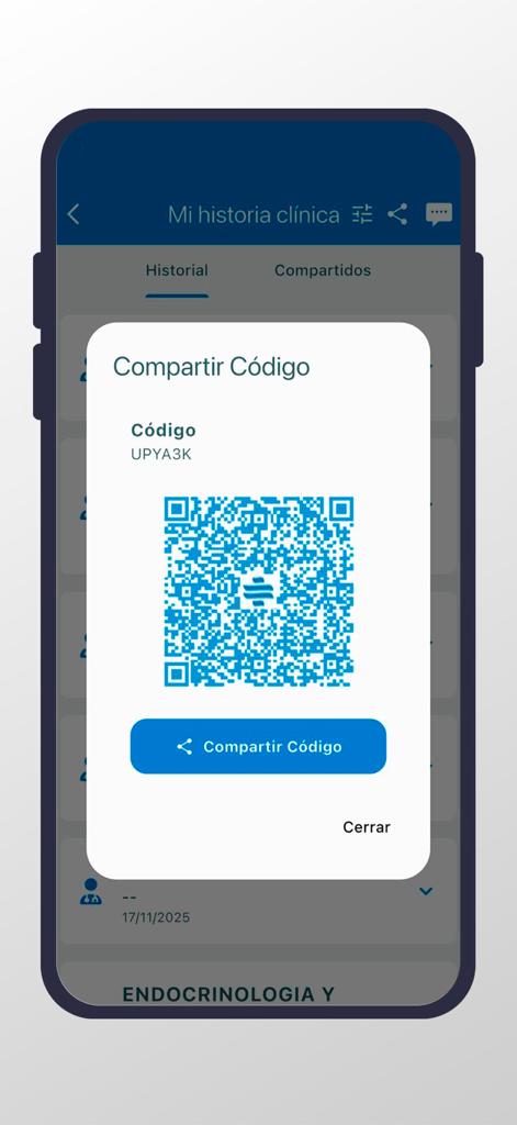 Pantalla móvil que muestra un código QR para compartir el historial clínico médico en la aplicación IMED Hospitales.