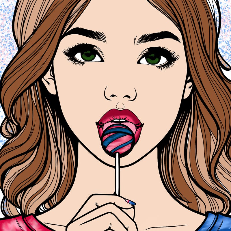 a realistic girl with a lollipop in her mouth