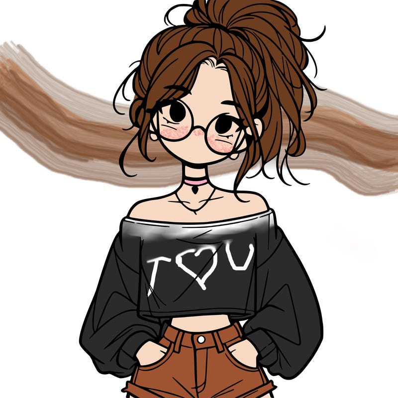 girl with a messy ponytail glasses a baggy crop top and jean shorts