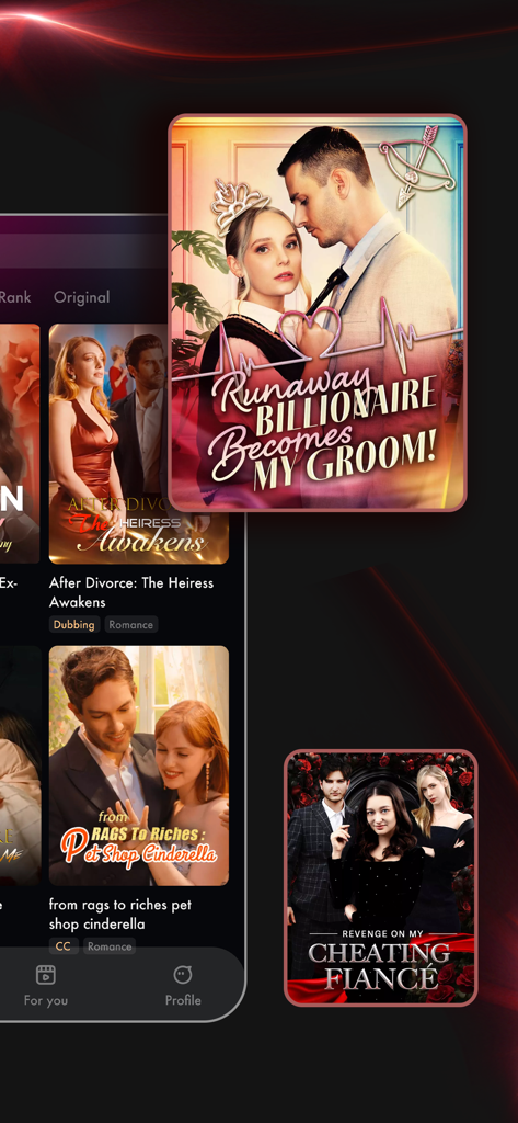 ShotShort mobile app interface displaying vertical short drama posters with titles like Runaway Billionaire and Revenge on My Cheating Fiance