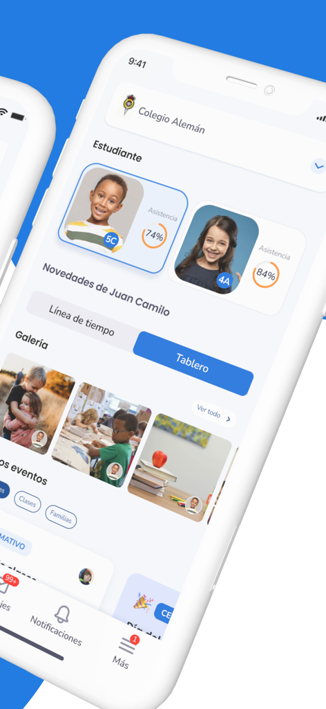 Colegium Families - Interface de l'application Colegium Families montrant les profils des élèves avec la présence et la galerie de l'école.