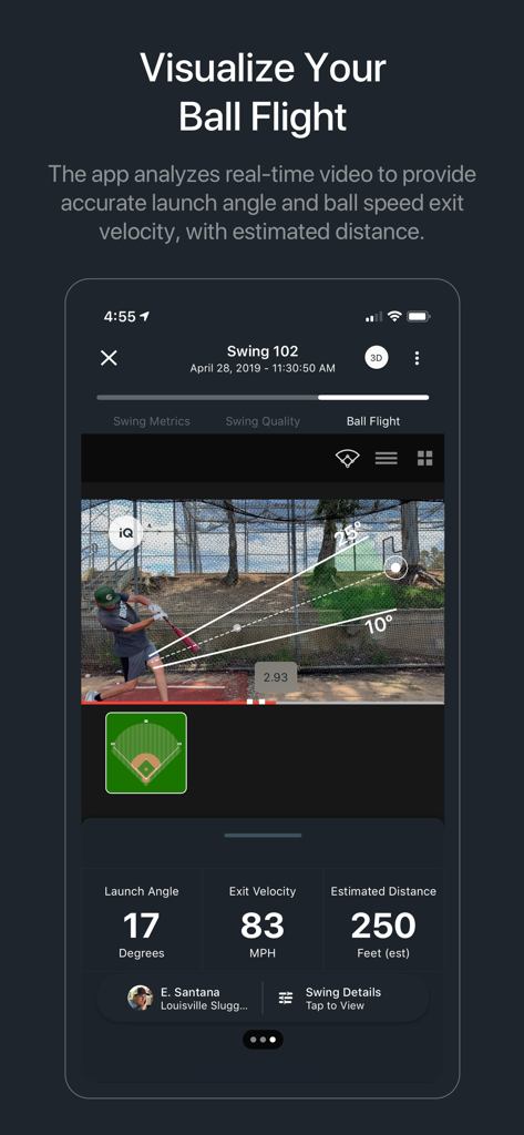 A screenshot of the Blast Baseball app displaying ball flight visualization and swing metrics like exit velocity and launch angle.