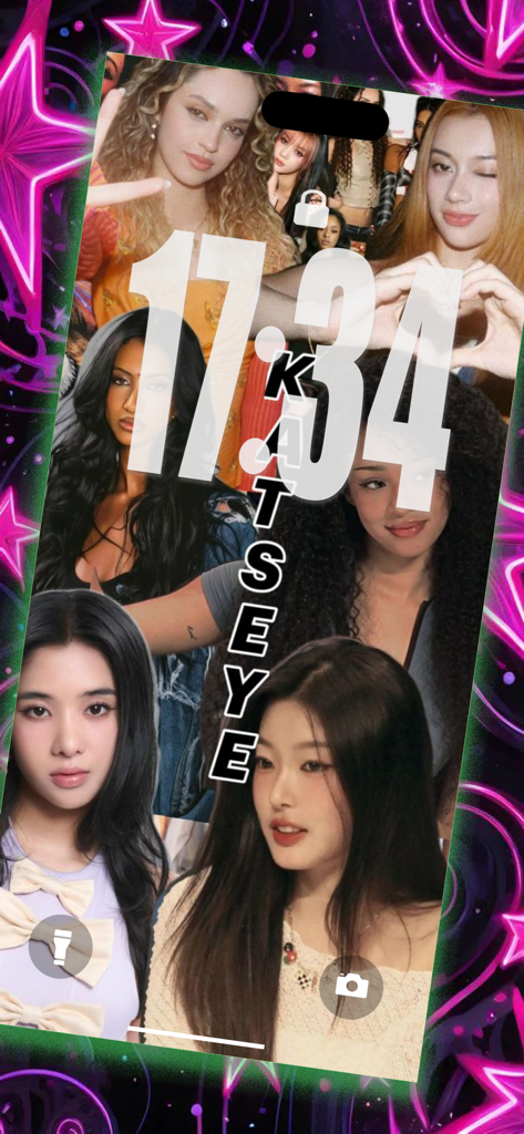 Katseye Wallpaper - Collage de photos du groupe Katseye, écran de verrouillage de téléphone avec fond d'étoiles néon.