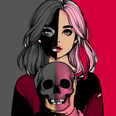 realistic girl holding a skull