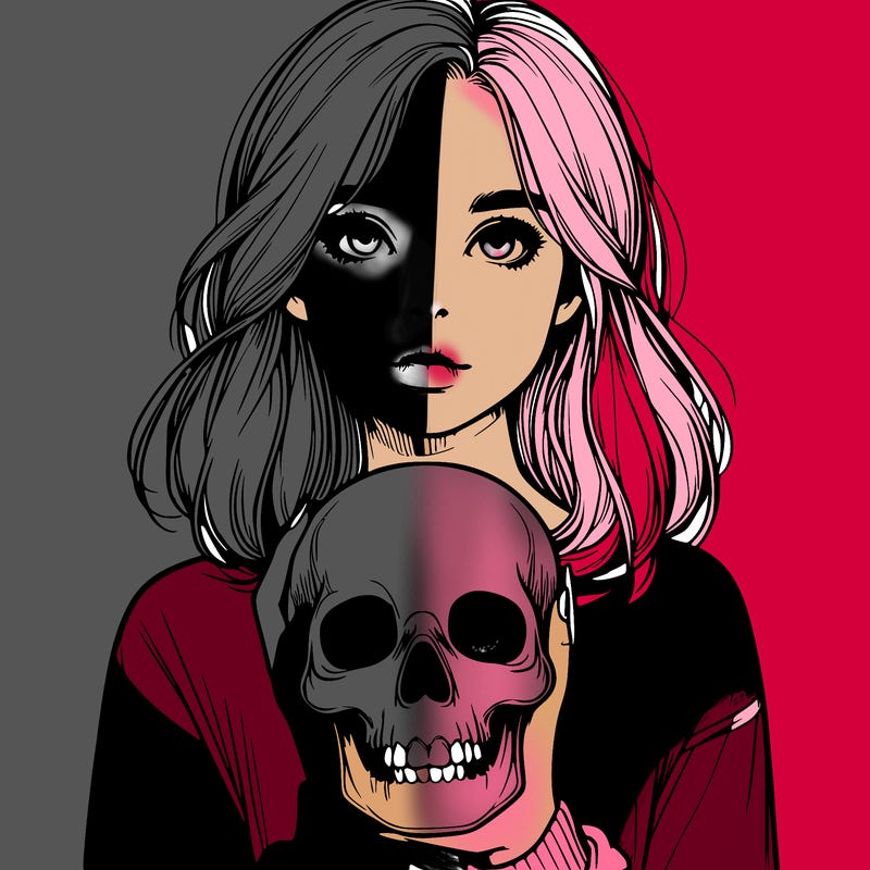 realistic girl holding a skull