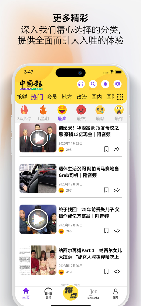 China Press mobile app news feed showing trending Malaysian stories in Chinese with video thumbnails and reaction icons