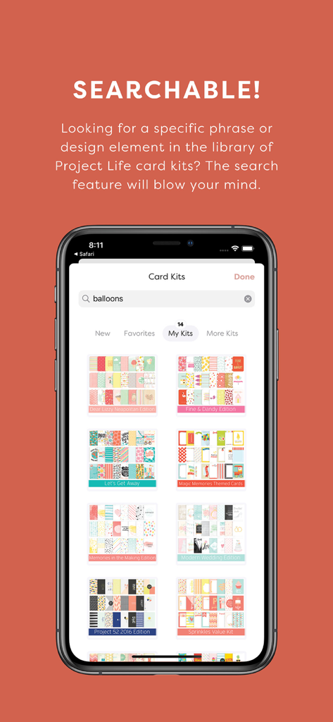 Project Life - Schermata di ricerca dell'app Project Life per kit di carte per scrapbook digitali