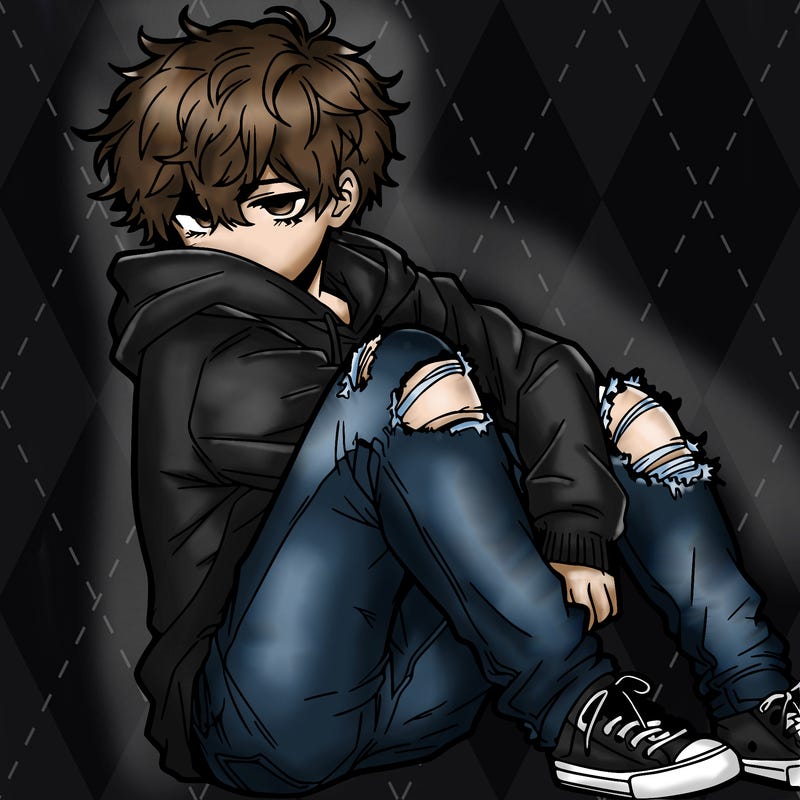 a male hoddie ripped jeans messy hair anime