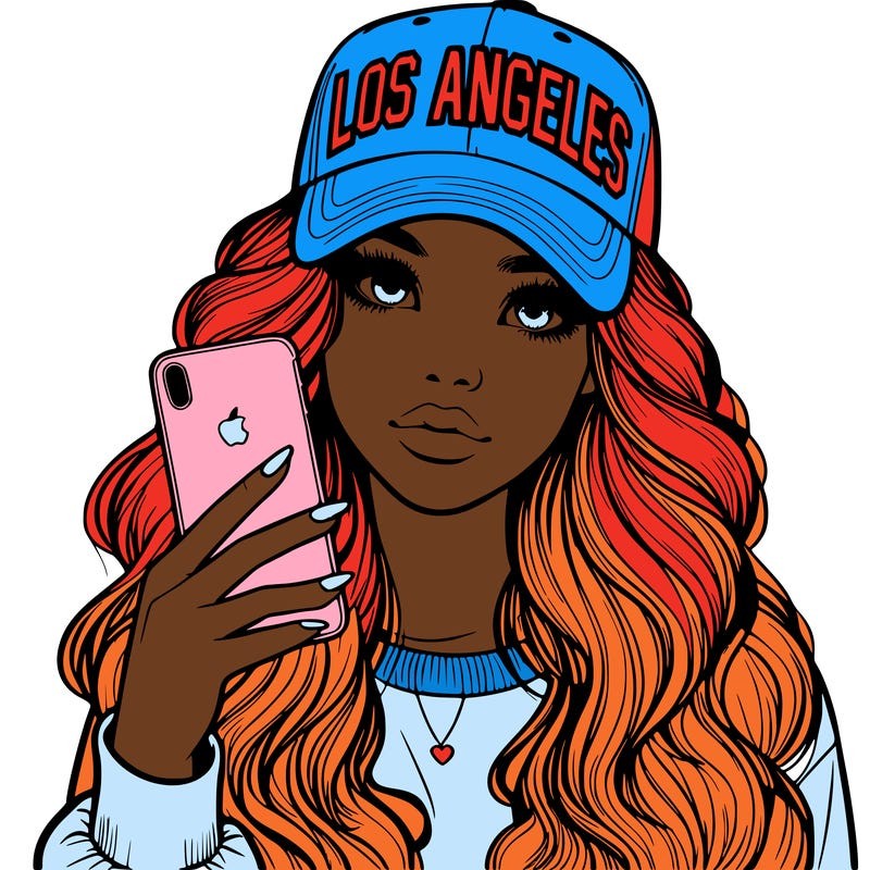 realistic beautiful girl wearing los ángeles cap holding an iphone