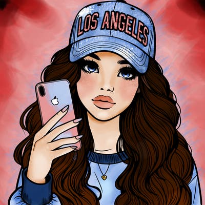 realistic beautiful girl wearing los ángeles cap holding an iphone