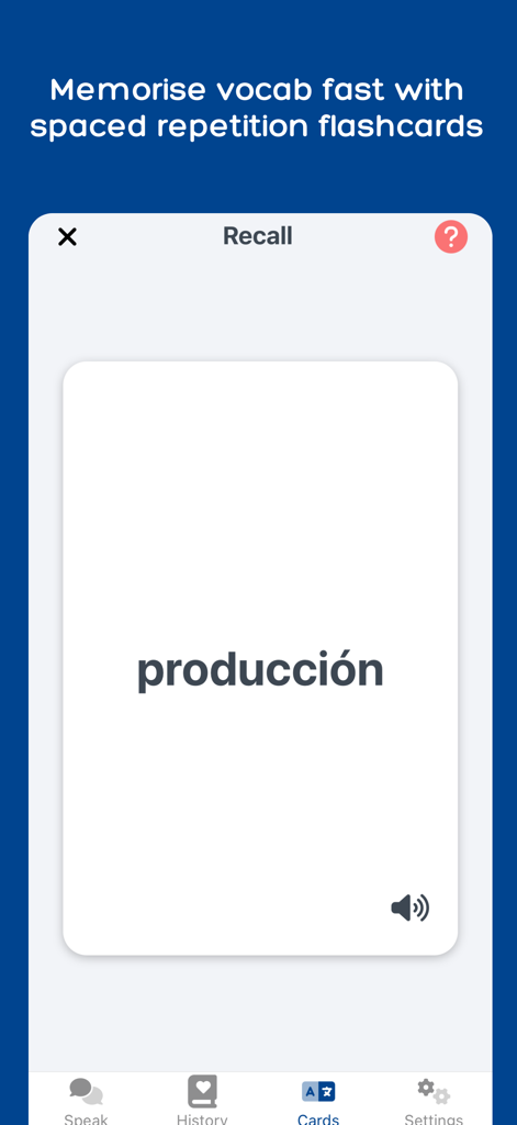 Une carte mémoire de vocabulaire pour le mot producción dans l'application d'apprentissage des langues Langua.