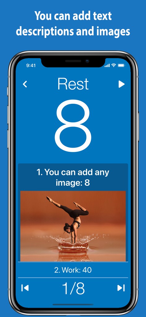 Tabata timer rest interval screen showing a countdown timer with a custom exercise image and text description