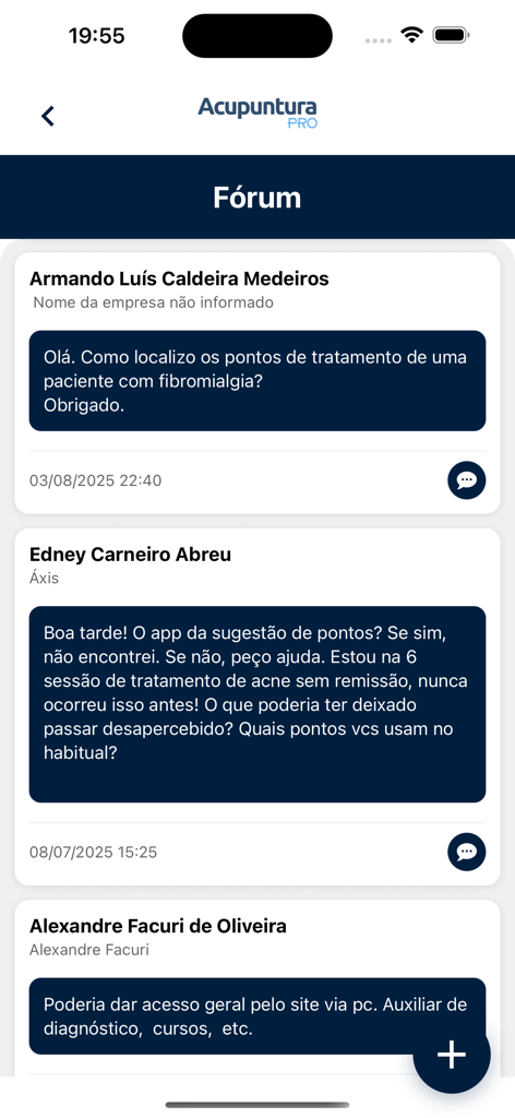 Acupuntura Pro - Interfaz del foro de comunidad profesional en la aplicación Acupuntura Pro que muestra discusiones y preguntas clínicas entre practicantes.