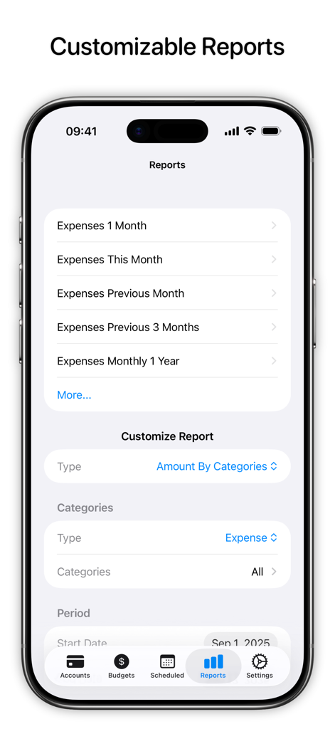 Tela do aplicativo Balance exibindo relatórios financeiros personalizáveis e categorias de rastreamento de despesas