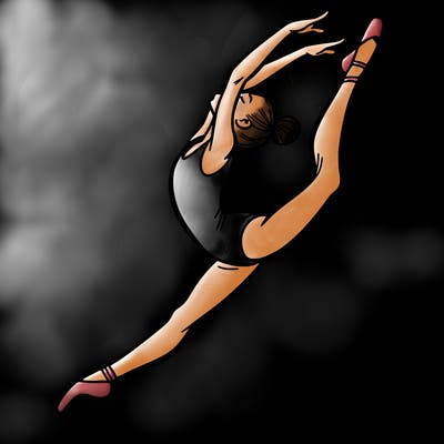 gymnast doing a leap in a leotard with a bent back leg
