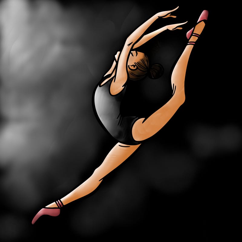 gymnast doing a leap in a leotard with a bent back leg