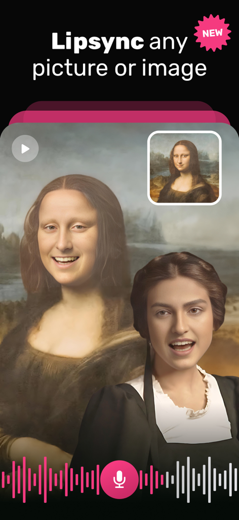 Mimic - AI Photo Face Animator - A screenshot of the Mimic app demonstrating the lipsync feature with an animated Mona Lisa