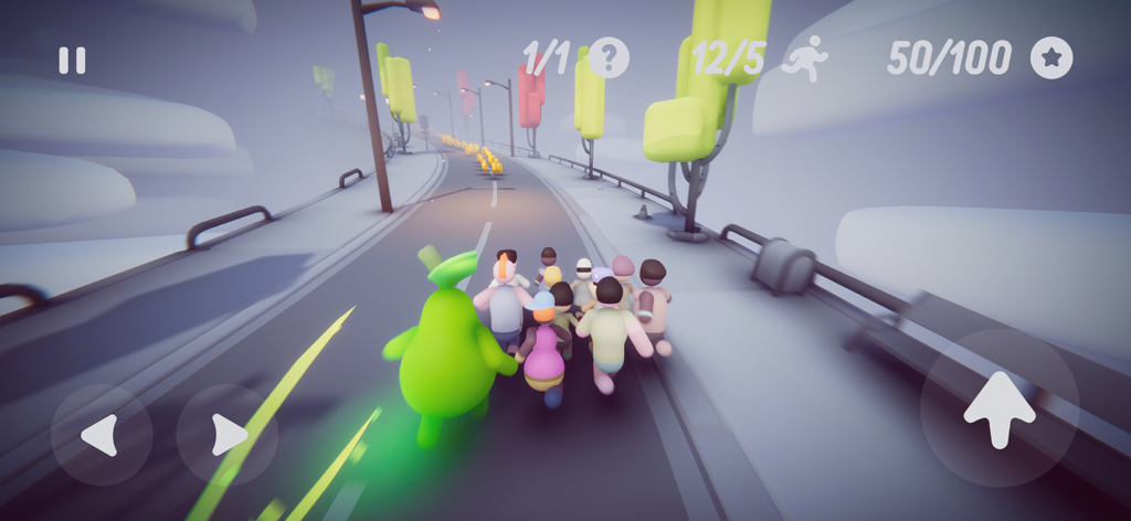 Populus Run - Un grupo de personajes diversos y una gran pera verde corriendo juntos a través de un nivel estilizado y colorido.