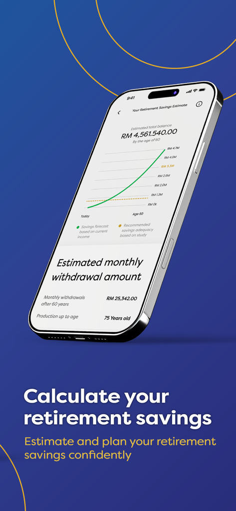 A mobile phone displaying the retirement savings estimate feature on the KWSP i-Akaun app