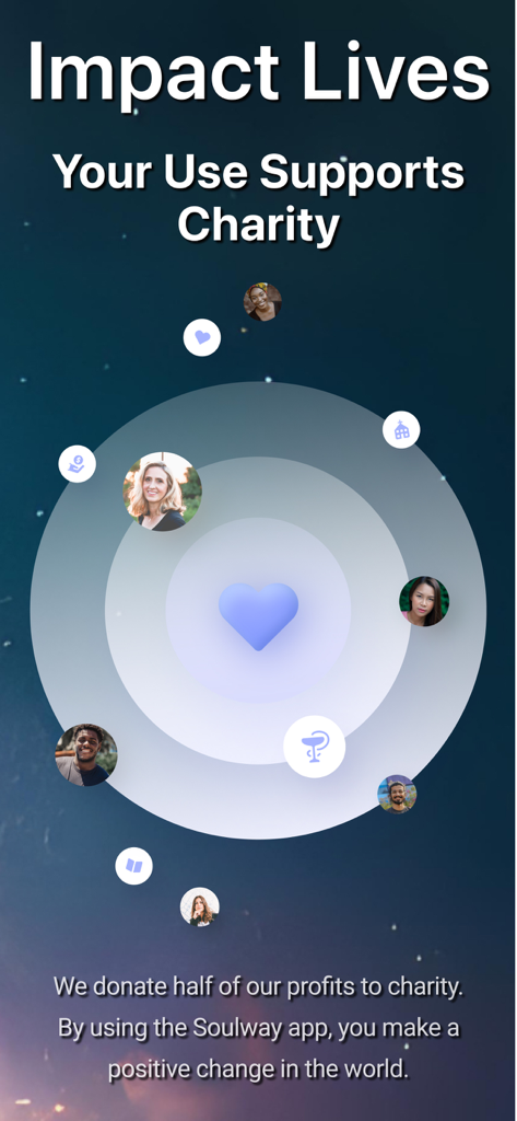 Soulway - Daily Bible Verse - Soulway app screen highlighting that half of profits are donated to charity to help impact lives