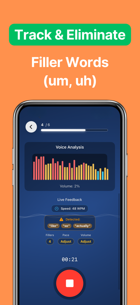 Accent AI: Pronunciation Coach - Interface do aplicativo móvel Accent AI mostrando análise de voz e métricas de detecção de palavras de preenchimento.