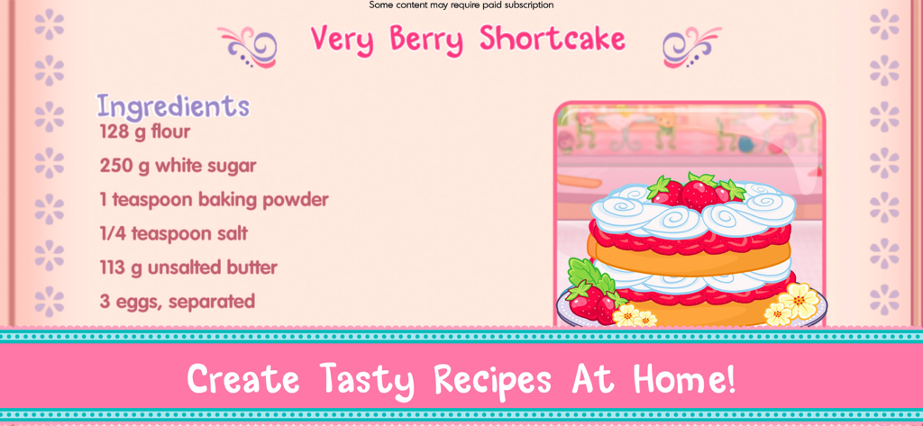 Eine digitale Rezeptkarte für einen Very Berry Shortcake mit einer Zutatenliste und einer Illustration des fertigen Kuchens.