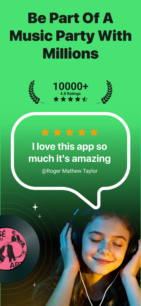 Music Stats for Spotify Song - Una pantalla de marketing para Music Stats for Spotify que muestra una calificación de 4.8 estrellas y un testimonio positivo de usuario sobre una imagen de una chica disfrutando de la música
