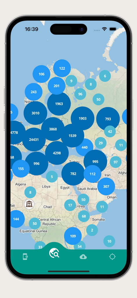 World map offline - A world map interface displaying clustered points of interest for museums and landmarks across Europe and Africa