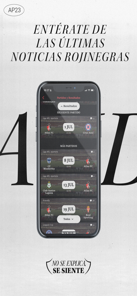 Atlas FC - Pantalla de la aplicación Atlas FC que muestra las próximas fechas y oponentes de los partidos de fútbol