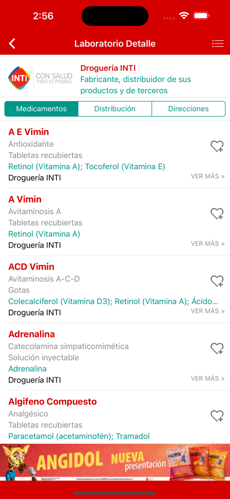 Infomerc Medicamentos - A list of pharmaceutical products from Drogueria INTI within the Infomerc Medicamentos app.
