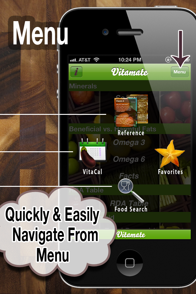 Vitamate: The Original Vitamin App - Screenshot der Vitamate-App-Hauptnavigation, die Navigationssymbole für Ernährungs-Tracking-Funktionen wie VitaCal und Food Search zeigt.