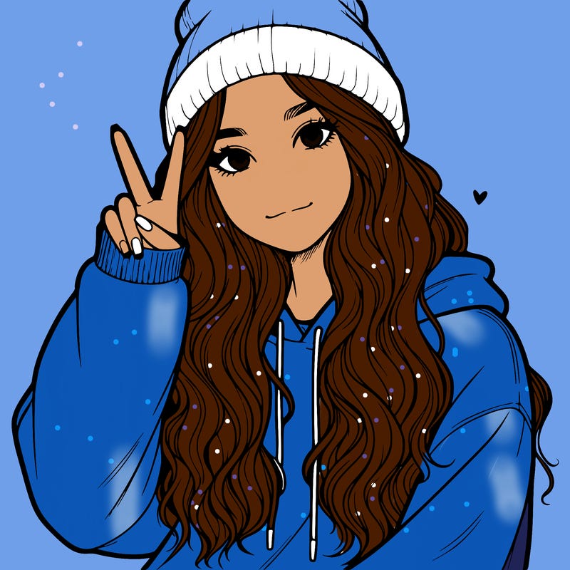 a teenage girl in a beanie, oversized sweatshirt, wavy long hair, and is showing a ✌️