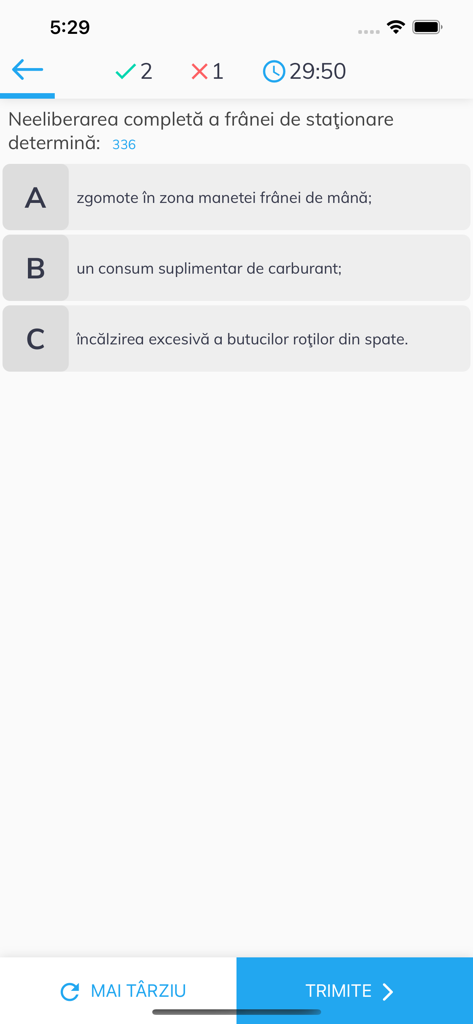 A screenshot showing a multiple-choice driving theory question in Romanian on the SoferOnline mobile app