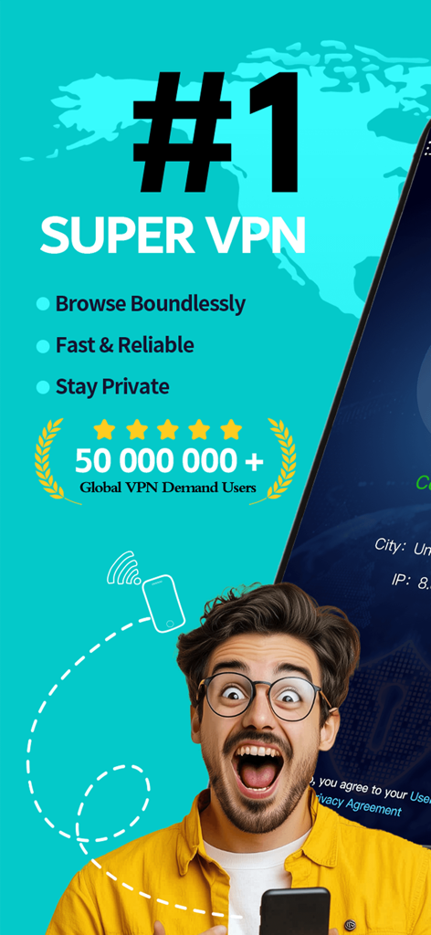 VPN - Super Proxy - VPN Super Proxy app promotional banner highlighting fast and private browsing with over fifty million global users.