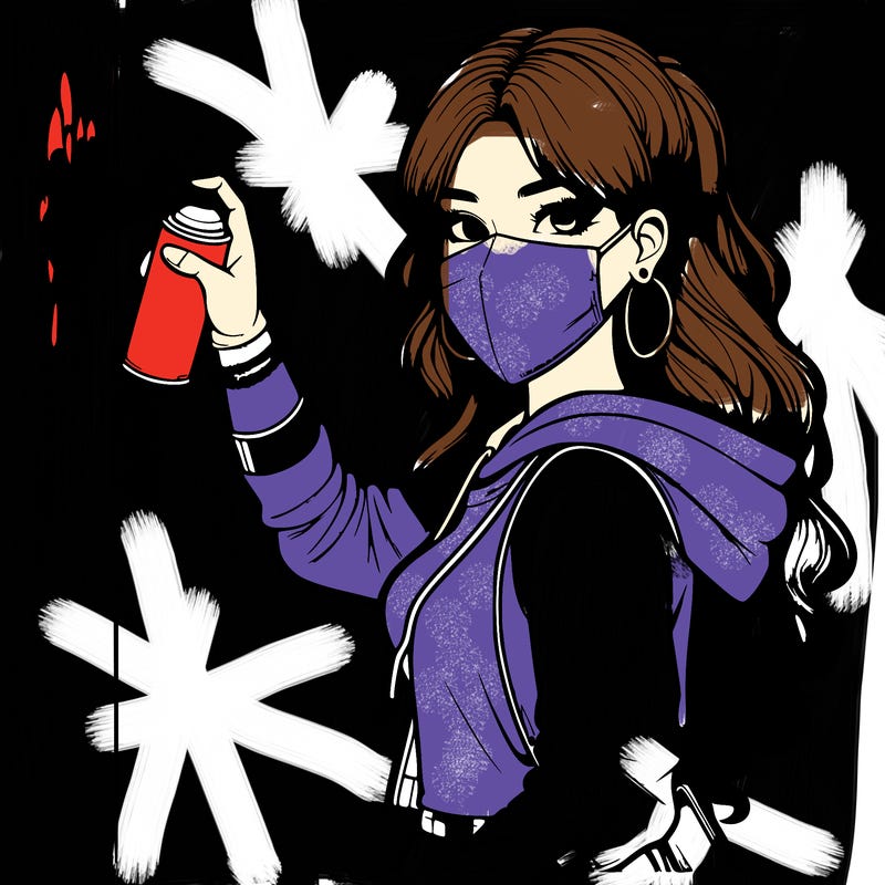 realistic girl with mask spray painting a wall