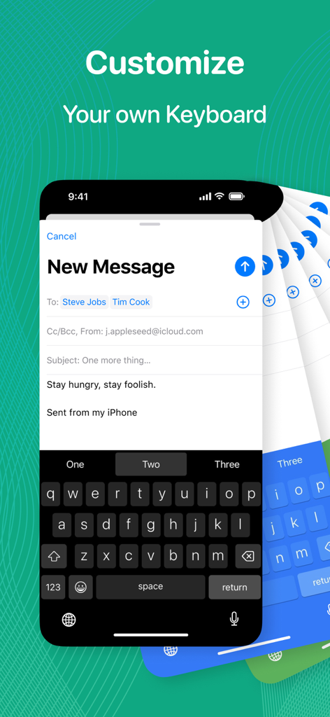 Textify: Smart Reply Assistant - A stack of colorful smartphone keyboard themes in black, blue, and green for the Textify app.
