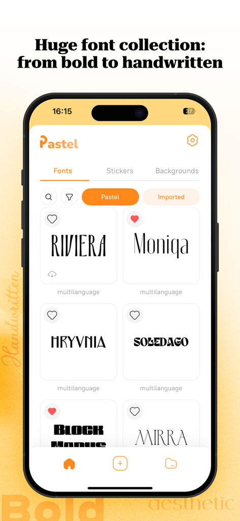 Interface of the Pastel app showing a diverse collection of aesthetic fonts for social media