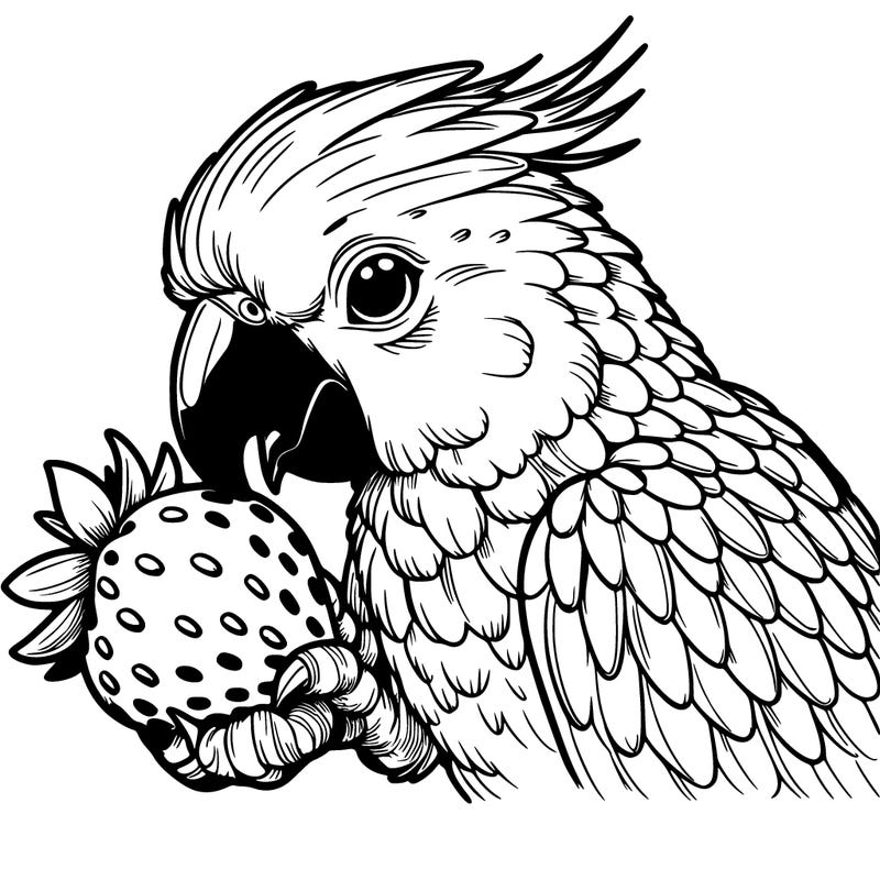 a realistic parrot eating a strawberry