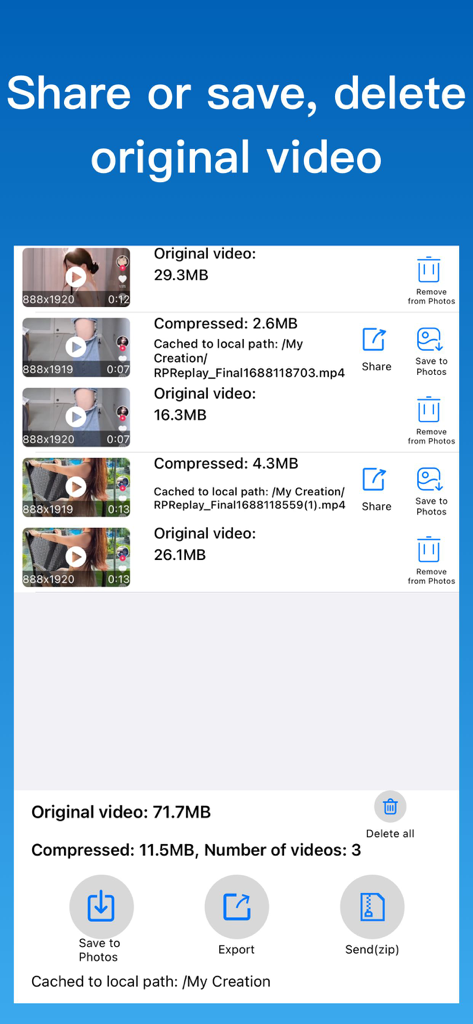 Interface showing original versus compressed video sizes with options to share save or delete files