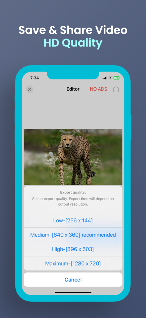 AIでぼかされた背景を持つ動画のエクスポート品質オプションを示すモバイルアプリインターフェース