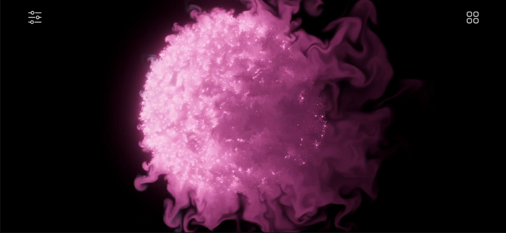 Go Particles: Anxiety Relief - Una esfera de partículas rosadas brillantes con estelas de humo fluidas para el alivio de la ansiedad