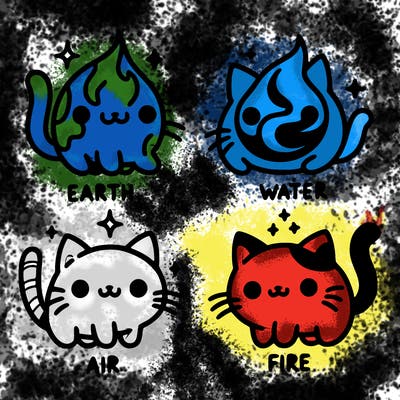 4 cats that represent the different elements, earth, water, air, and fire