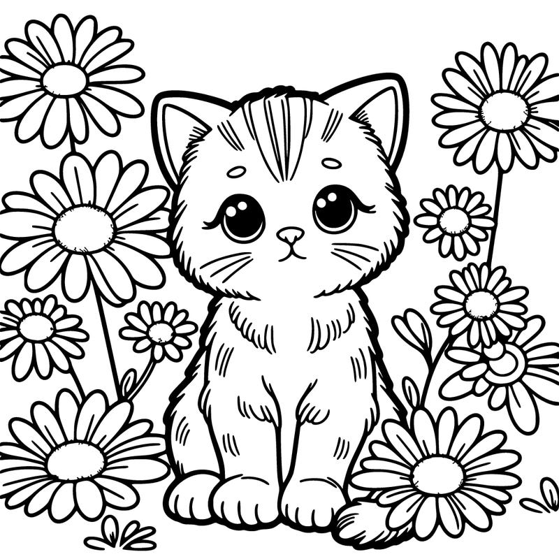 kitten sitting daisy flowers