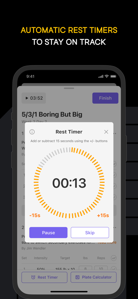 Boostcamp: Gym Workout Fitness - Interfaz de la aplicación Boostcamp que muestra un temporizador de descanso automático durante un entrenamiento de fuerza