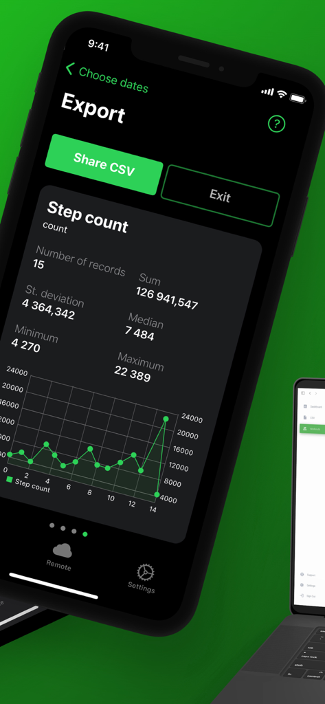 Health Export CSV - A mobile app screen showing step count statistics and a data visualization graph for health tracking
