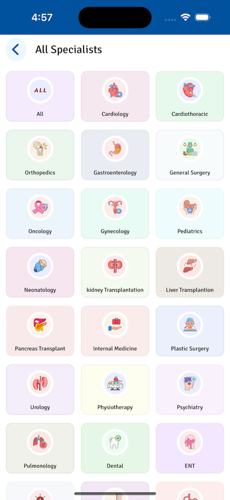 Medicover Hospitals app interface displaying various medical specialty categories for doctor consultations.