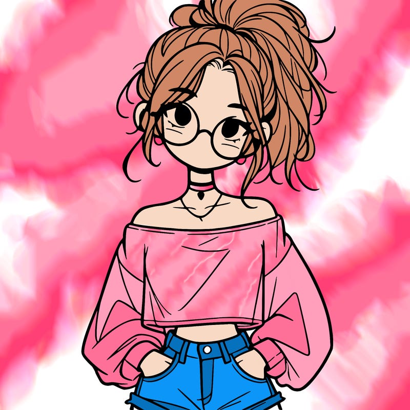 girl with a messy ponytail glasses a baggy crop top and jean shorts